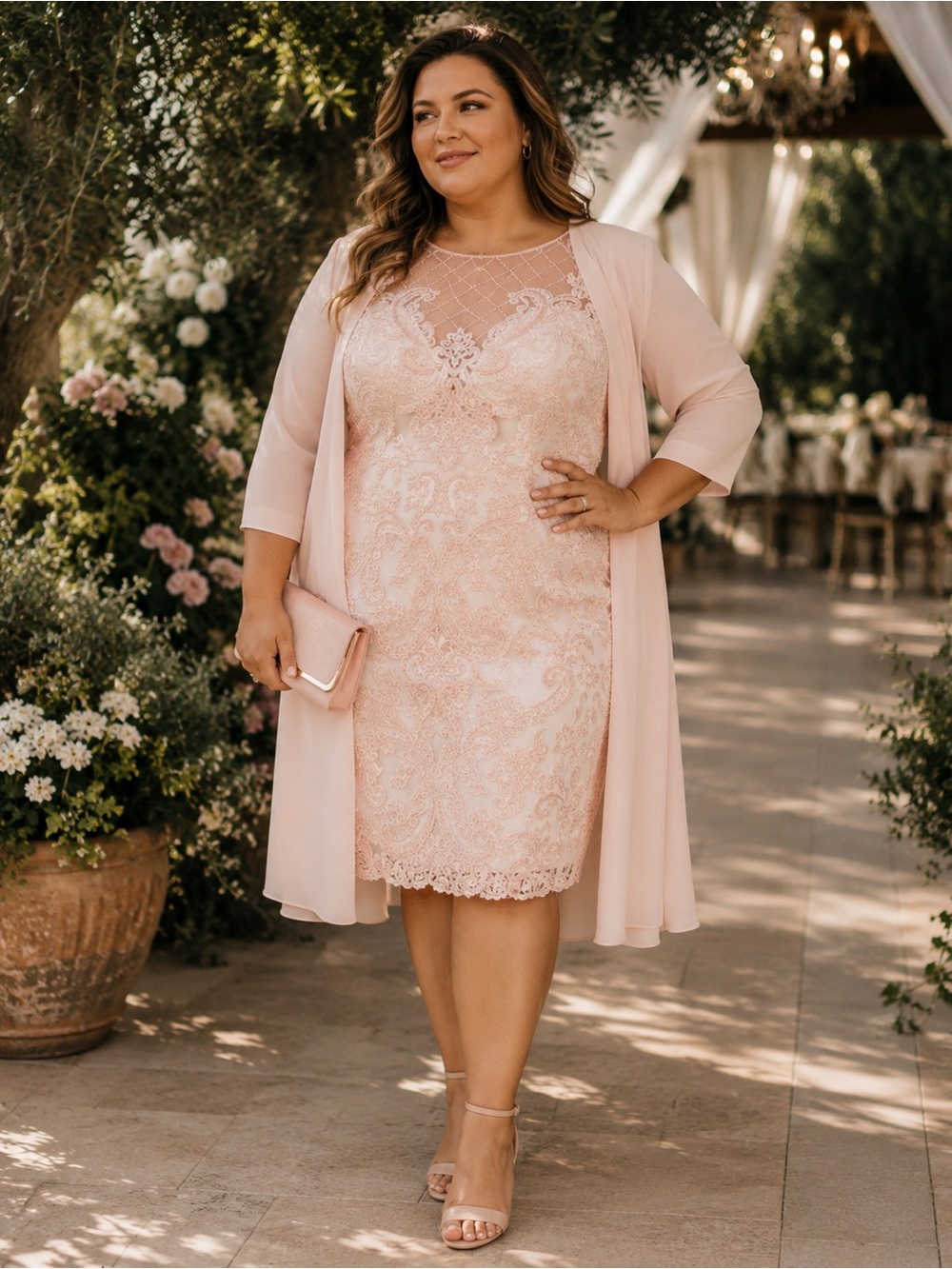 Women's Pink Lace Illusion Neck Bridal-Mother of the Bride